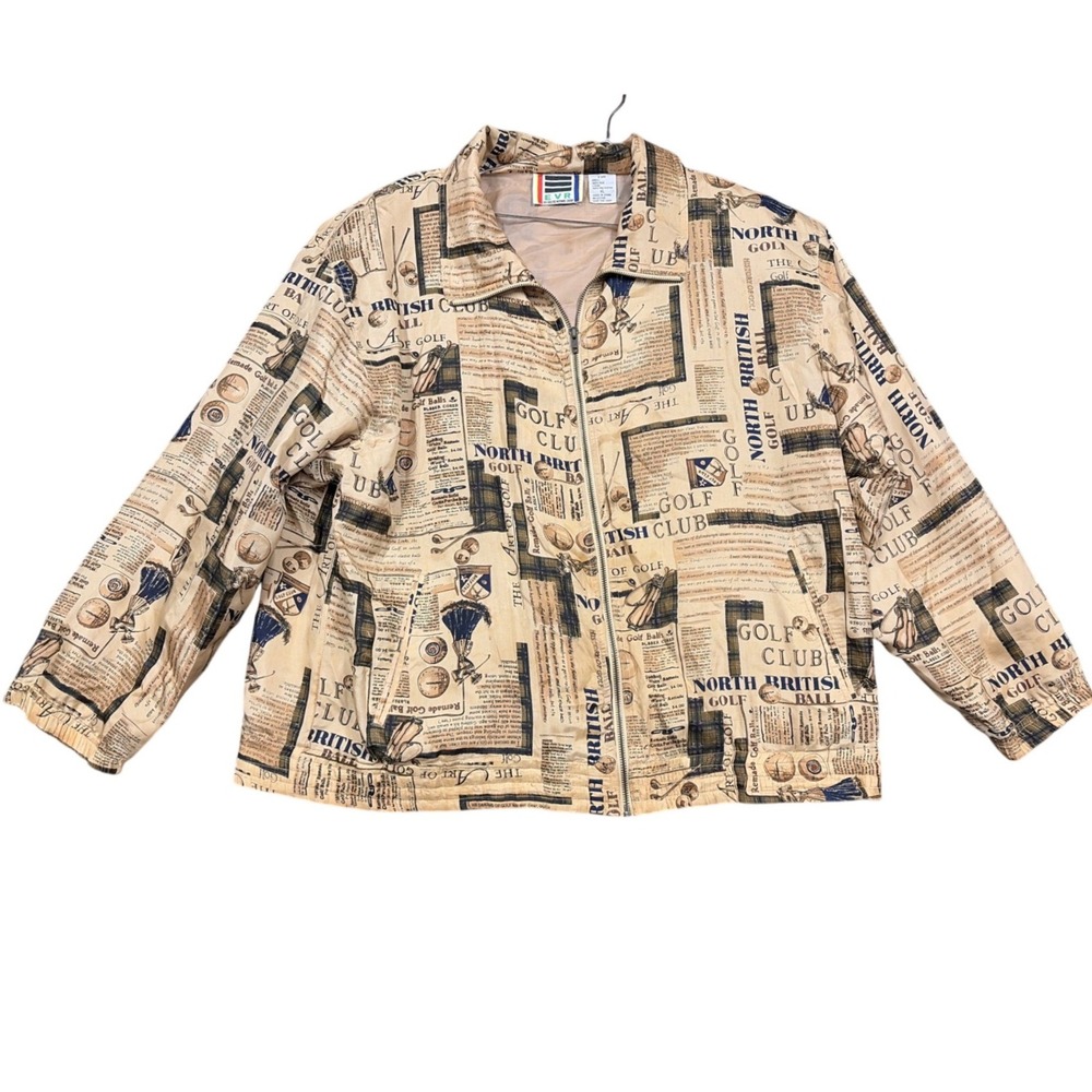 Vintage EVR Jacket Mens XL Beige Silk Golf Newspaper Print Full Zip Bomber